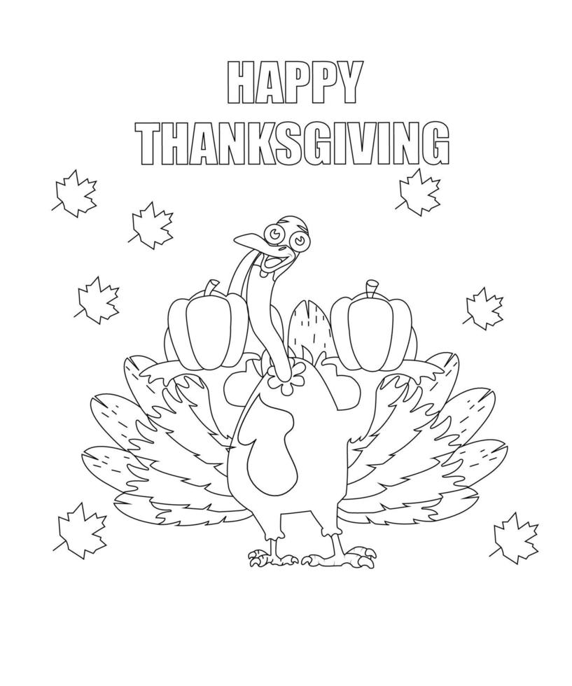 Turkey Happy thanksgiving Coloring page. Black and white vector illustration.