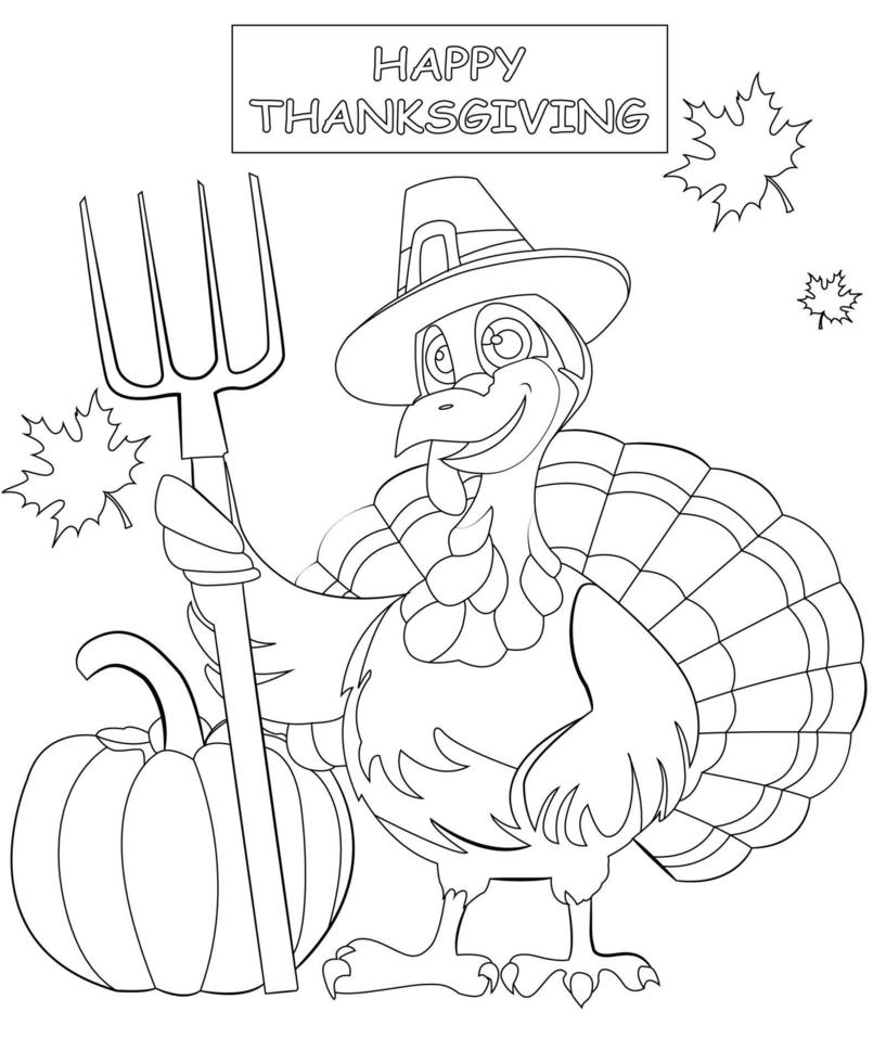 Turkey Happy thanksgiving Coloring page. Black and white vector illustration.