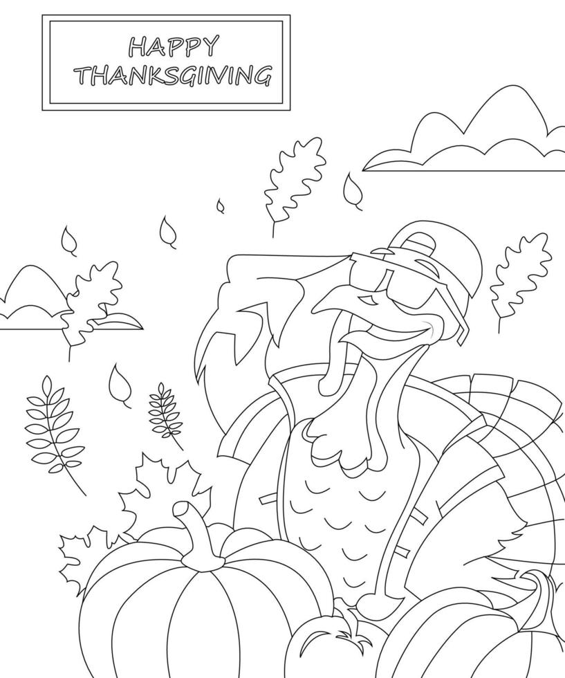 Turkey Happy thanksgiving Coloring page. Black and white vector illustration.