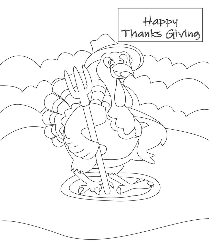 Turkey Happy thanksgiving Coloring page. Black and white vector illustration.