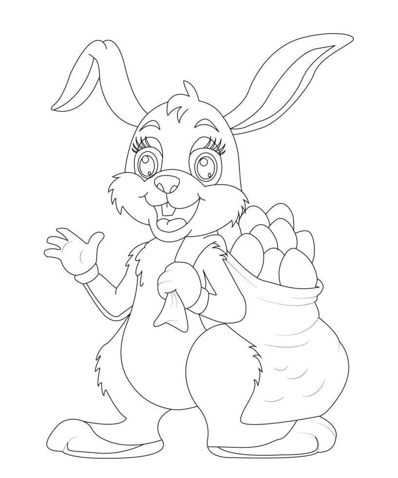 Easter bunny rabbit cartoon character In black and white outline.  Easter Rabbit for coloring page, Cute little rabbit coloring beautiful holiday gifts with bright and colorful paints and an art vector