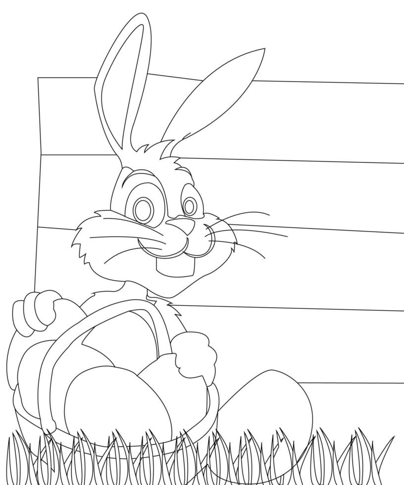 Easter bunny rabbit cartoon character In black and white outline.  Easter Rabbit for coloring page, Cute little rabbit coloring beautiful holiday gifts with bright and colorful paints and an art vector