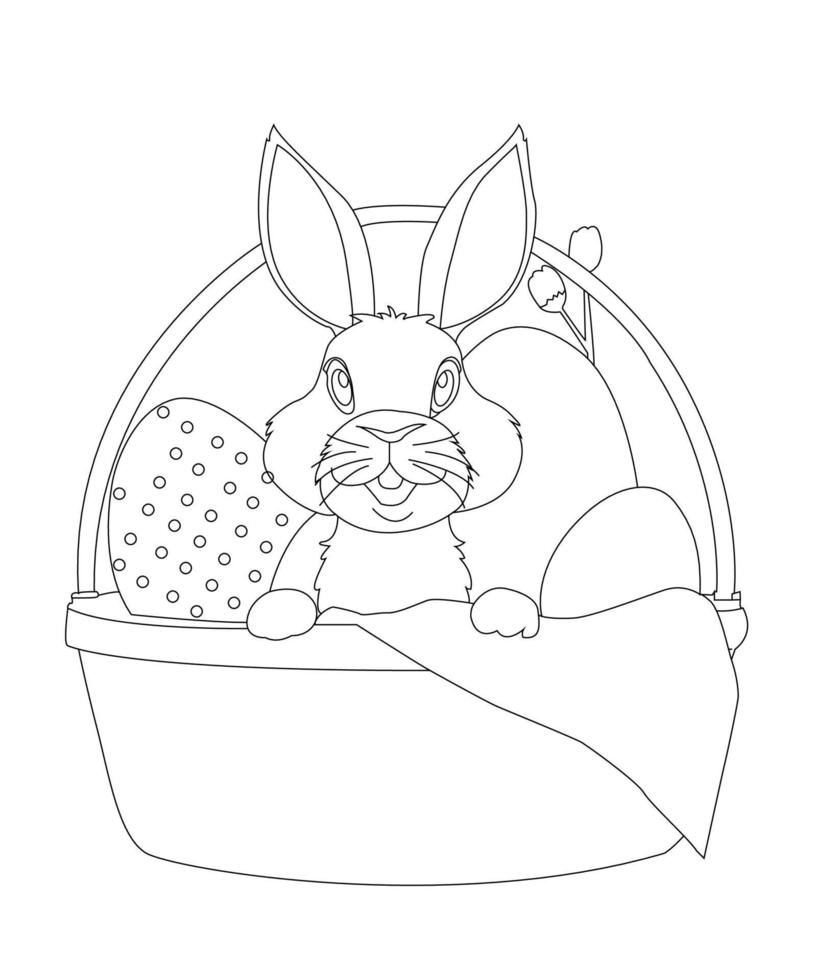 Easter bunny rabbit cartoon character In black and white outline.  Easter Rabbit for coloring page, Cute little rabbit coloring beautiful holiday gifts with bright and colorful paints and an art vector