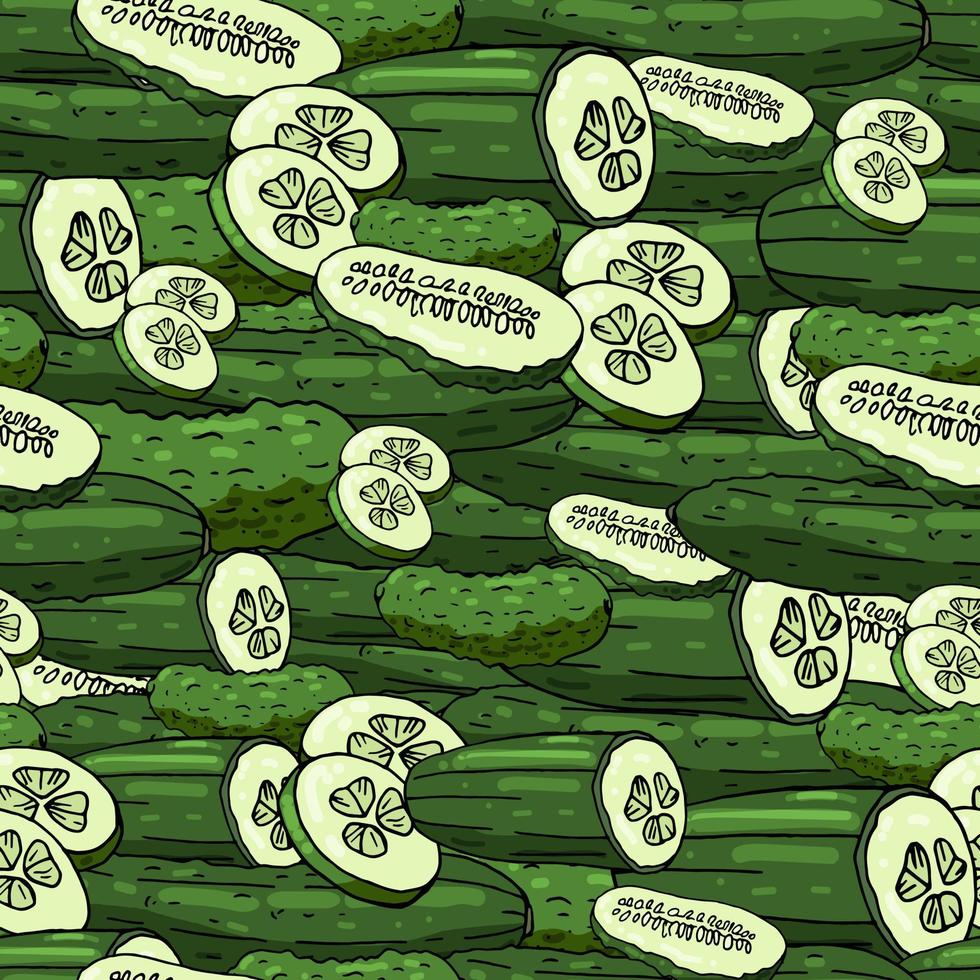 Seamless pattern with cucumbers and cucumber slices. Endless pattern with vegetables vector