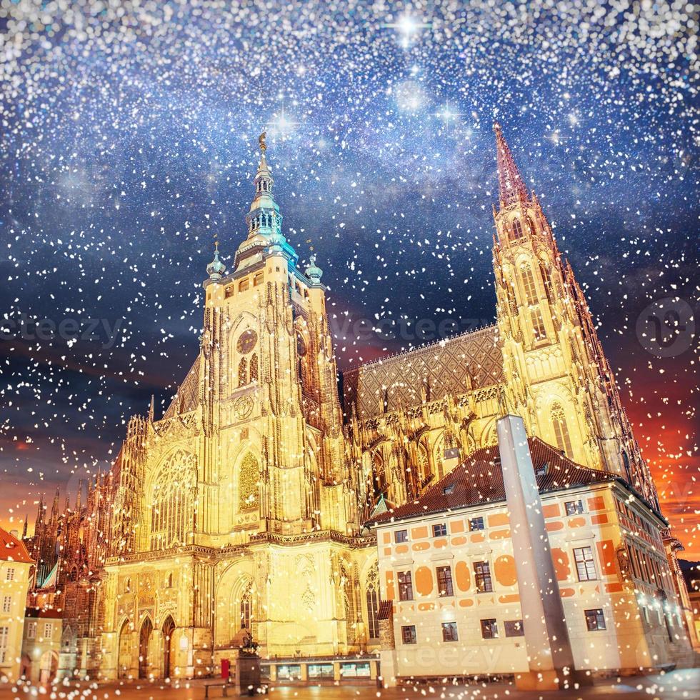 Prague. St. Vitus Cathedral. Night time starry sky, bokeh backgr photo