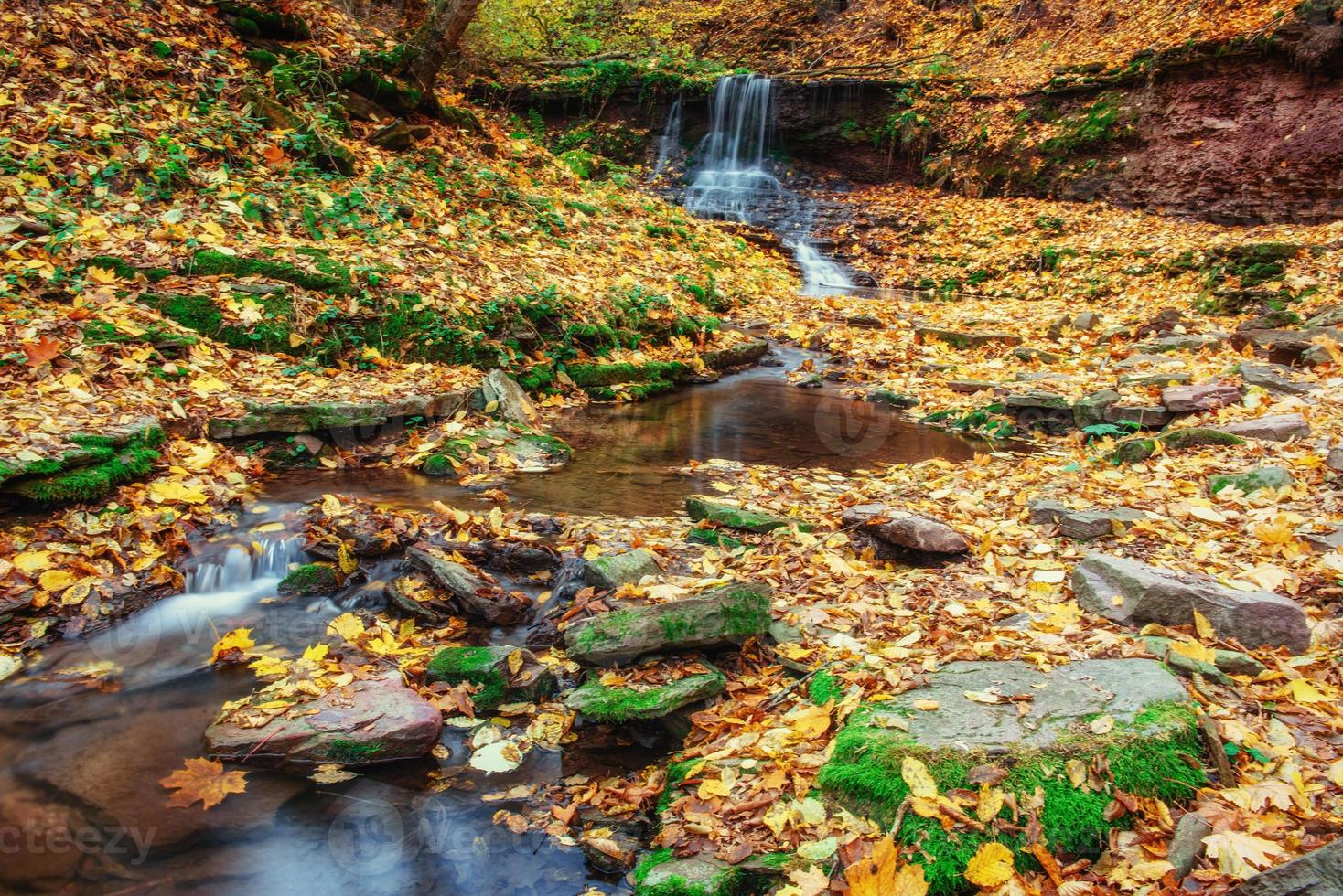 beautiful waterfall in forest, autumn landscape. photo