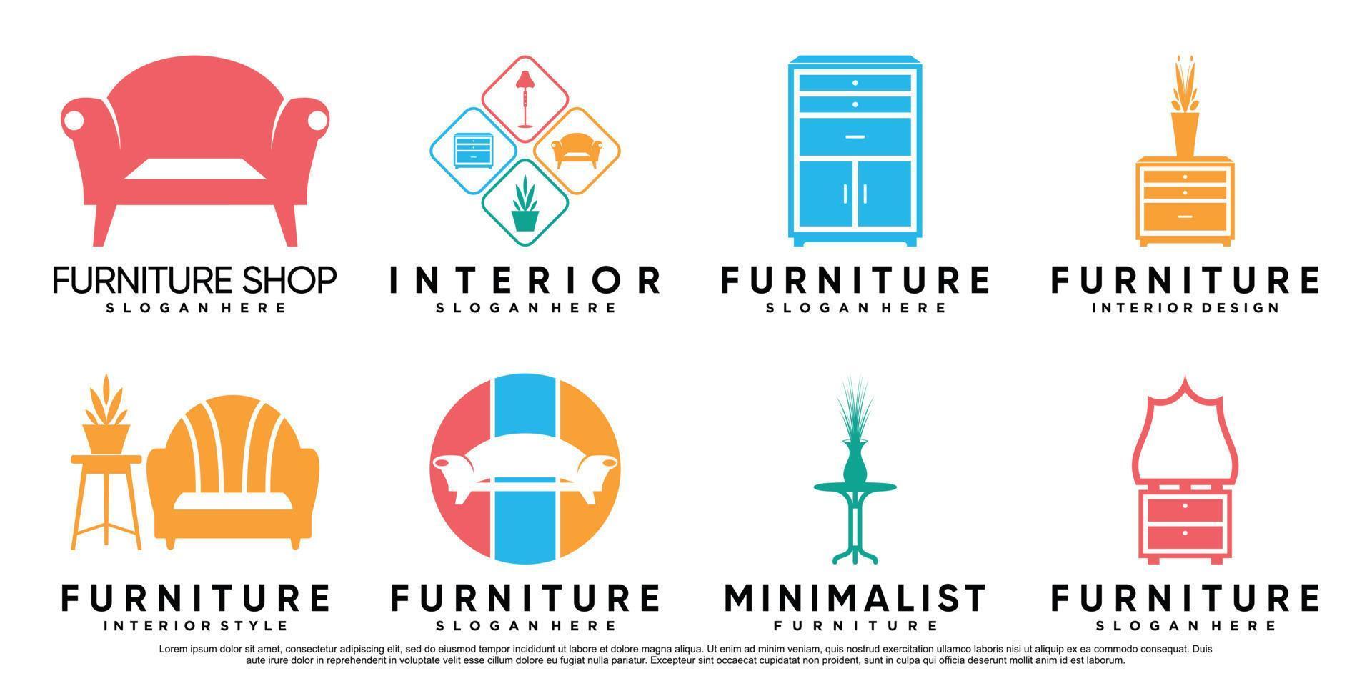 conjunto de muebles o diseño de logotipo interior con concepto creativo vector premium