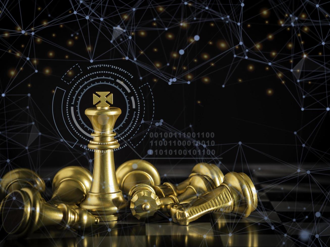 Golden king chess to fighting competitor king chess to play successfully in the competition with technology network background. Management, number digital and leadership strategy concept. photo
