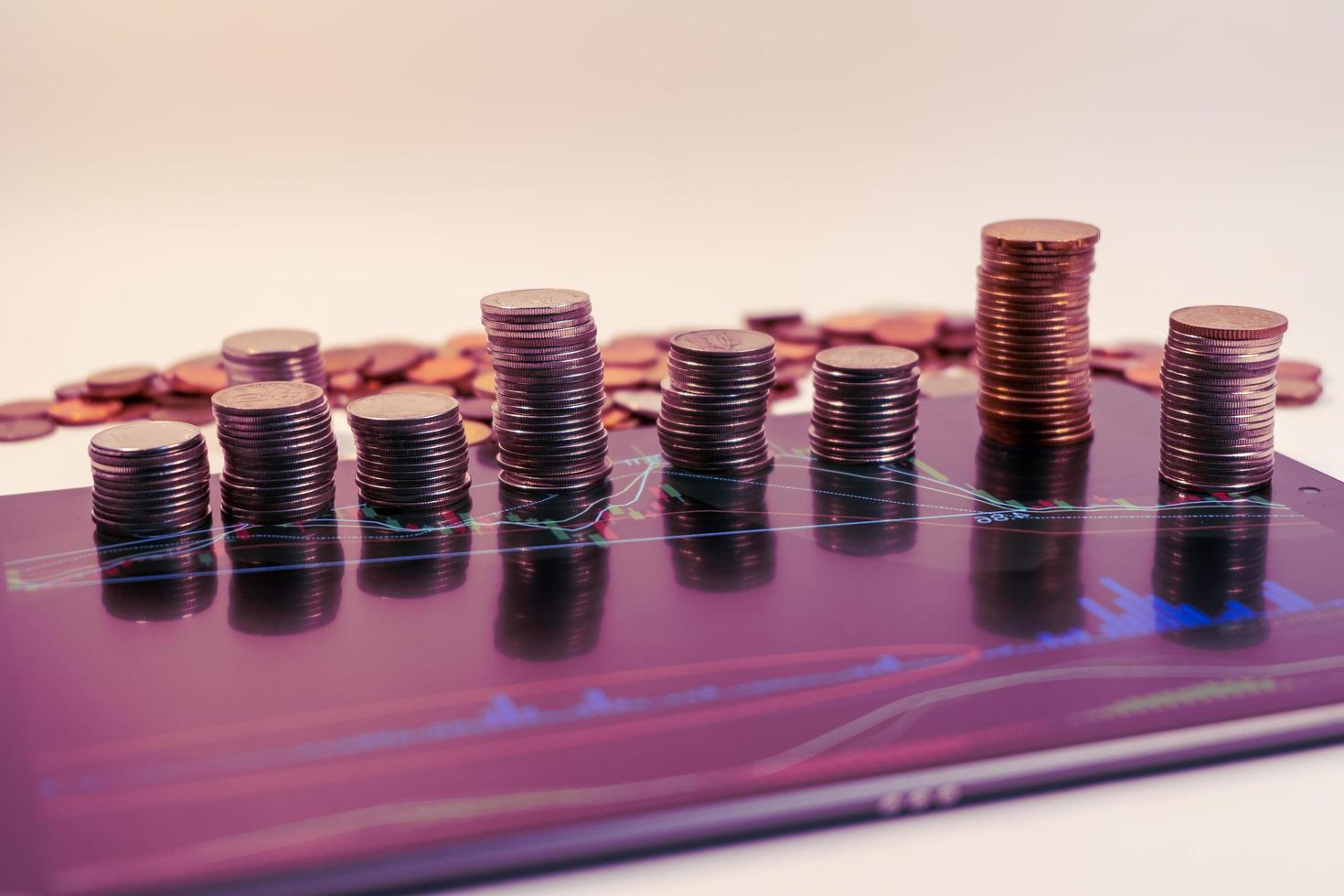 The coins are arranged differently on the tablet,Investment is risky, Business and finance concept. photo