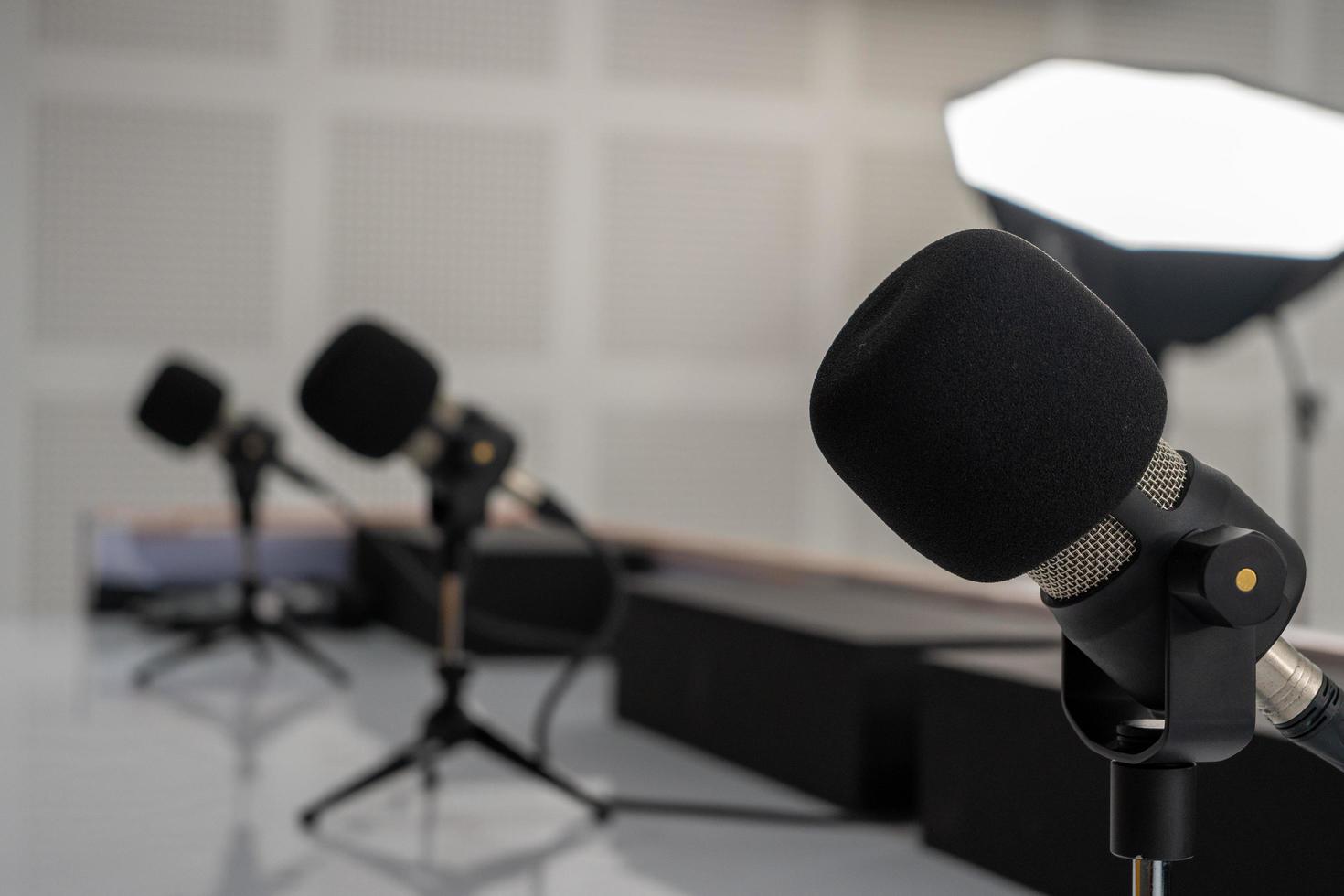 microphone is placed on the press conference preparation table.Preparation of the organization team photo