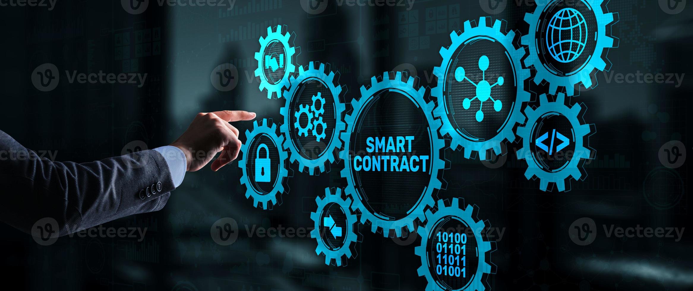 Smart contract. Modern Business technology. Businessman presses virtual button smart contract text on a touchscreen photo