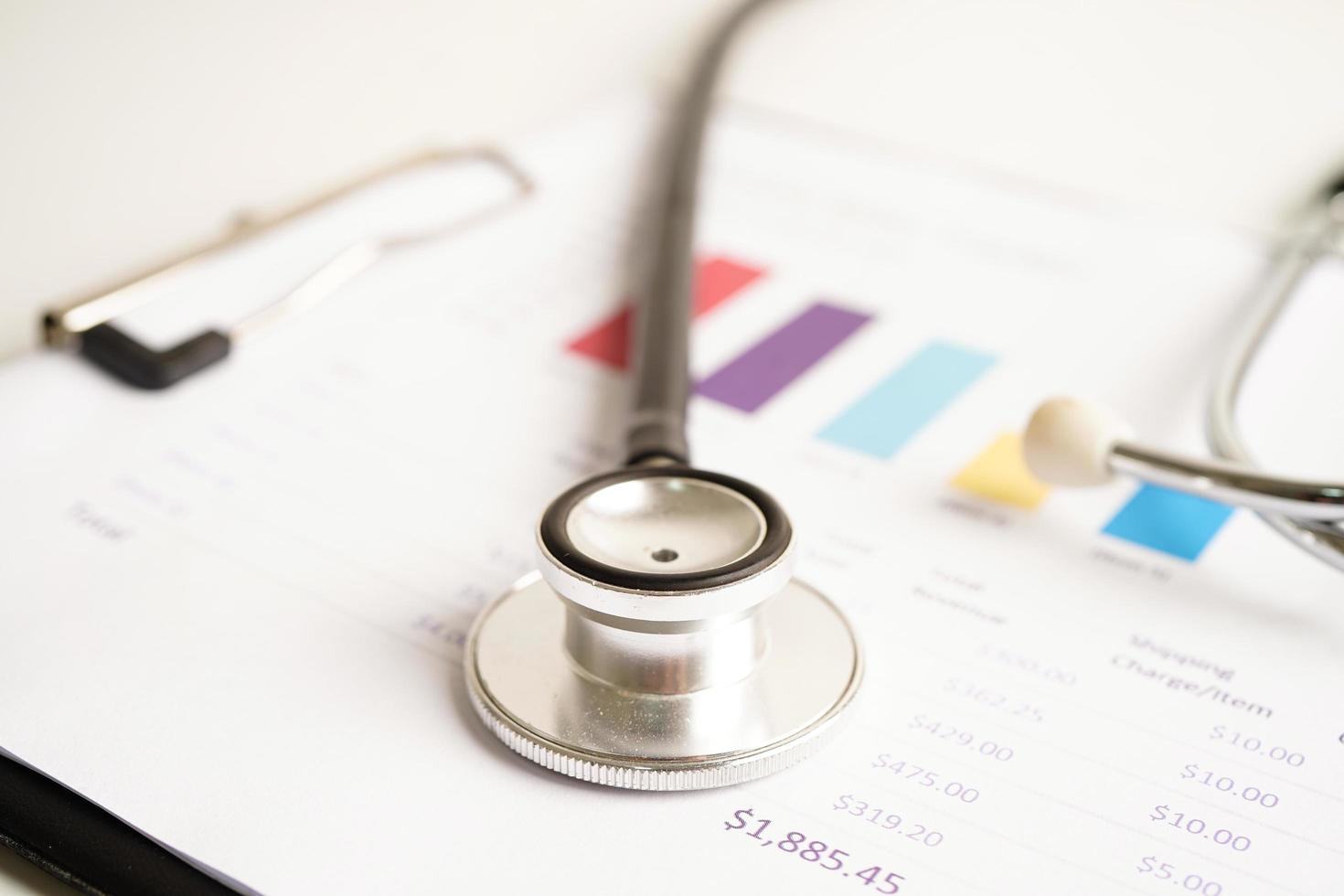 Stethoscope on charts and graphs spreadsheet paper, Finance, Account, Statistics, Investment, Analytic research data economy and Business company concept. photo
