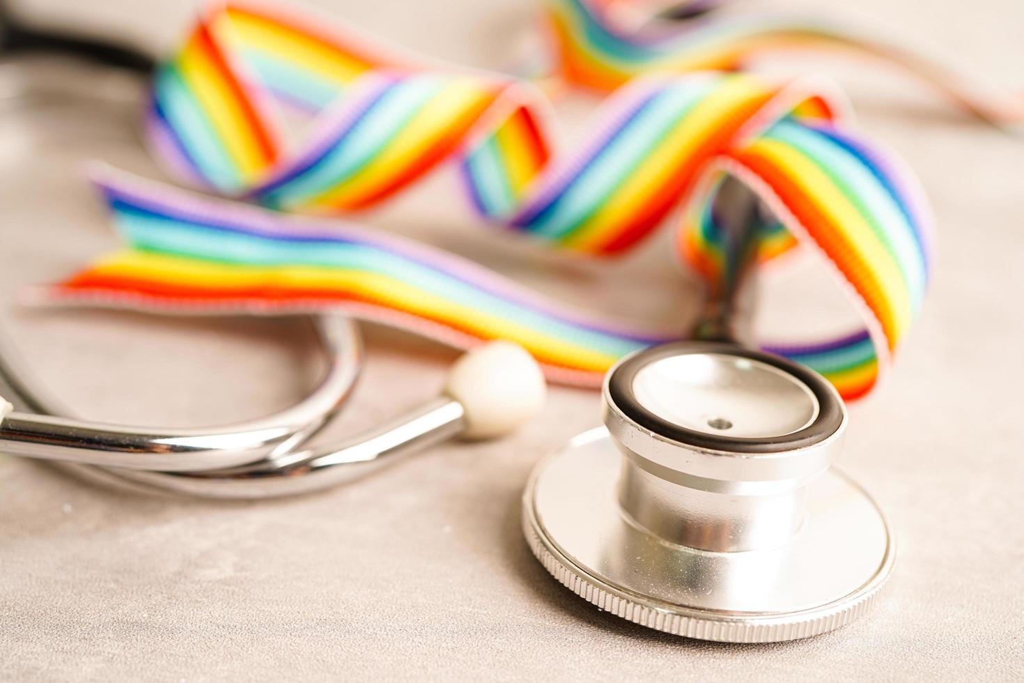 LGBT symbol, Stethoscope with rainbow ribbon, rights and gender equality, LGBT Pride Month in June. photo
