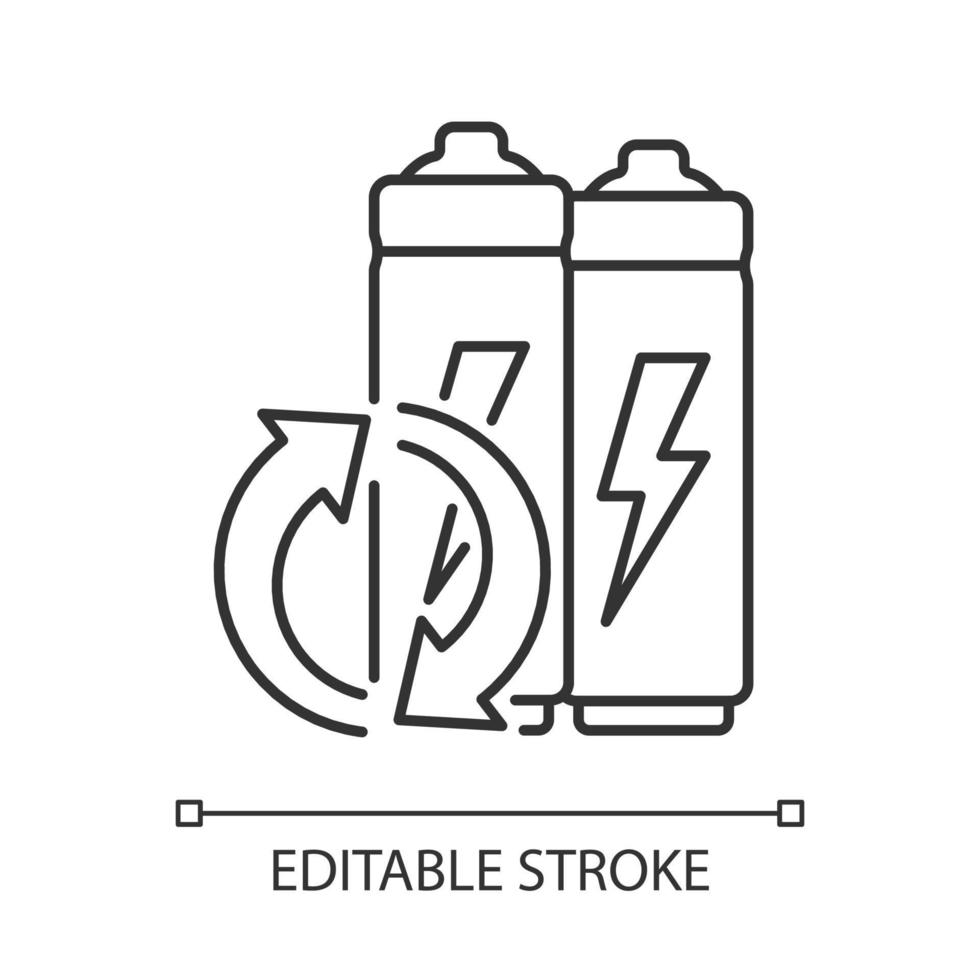 Lithium-ion battery recycling linear icon. Electronic waste disposal. Old accumulator reuse. Thin line customizable illustration. Contour symbol. Vector isolated outline drawing. Editable stroke