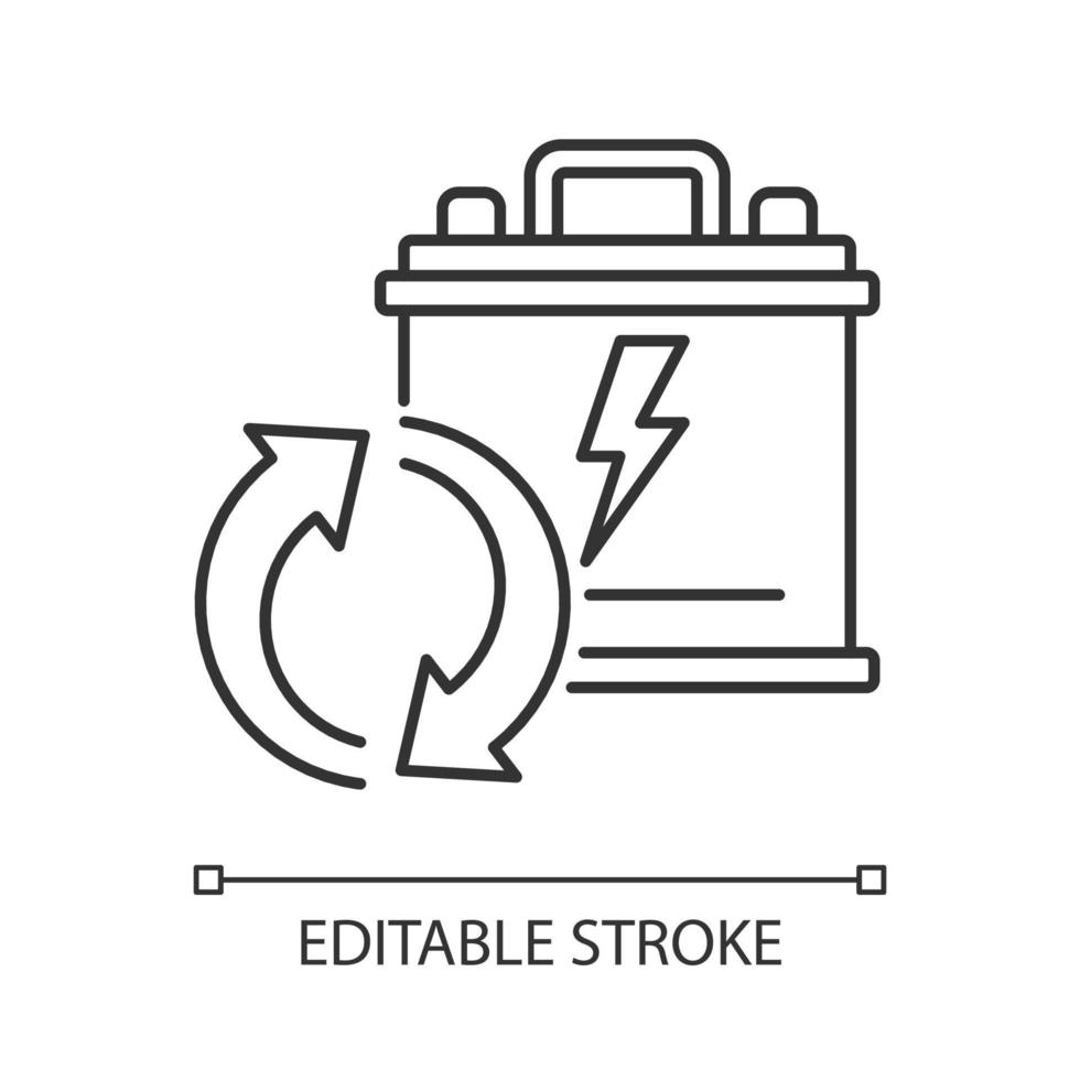 Recyclable lead-acid batteries linear icon. Car accumumlator recycling. Rechargeable energy cell. Thin line customizable illustration. Contour symbol. Vector isolated outline drawing. Editable stroke