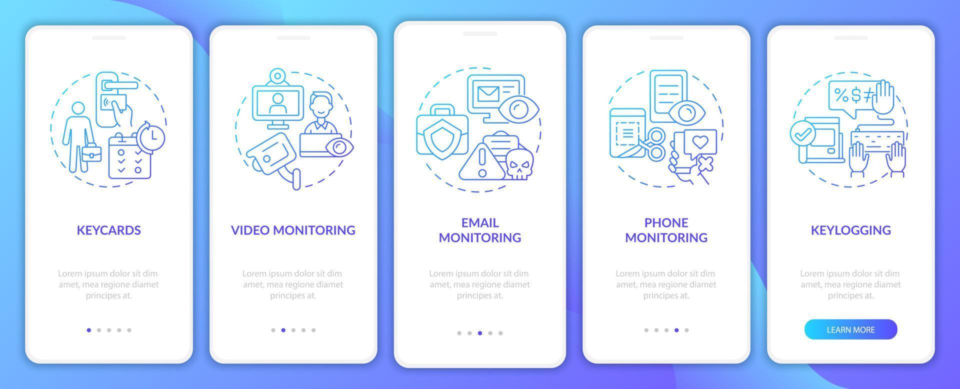 Employee monitoring methods onboarding mobile app page screen. Work walkthrough 5 steps graphic instructions with concepts. UI, UX, GUI vector template with linear color illustrations