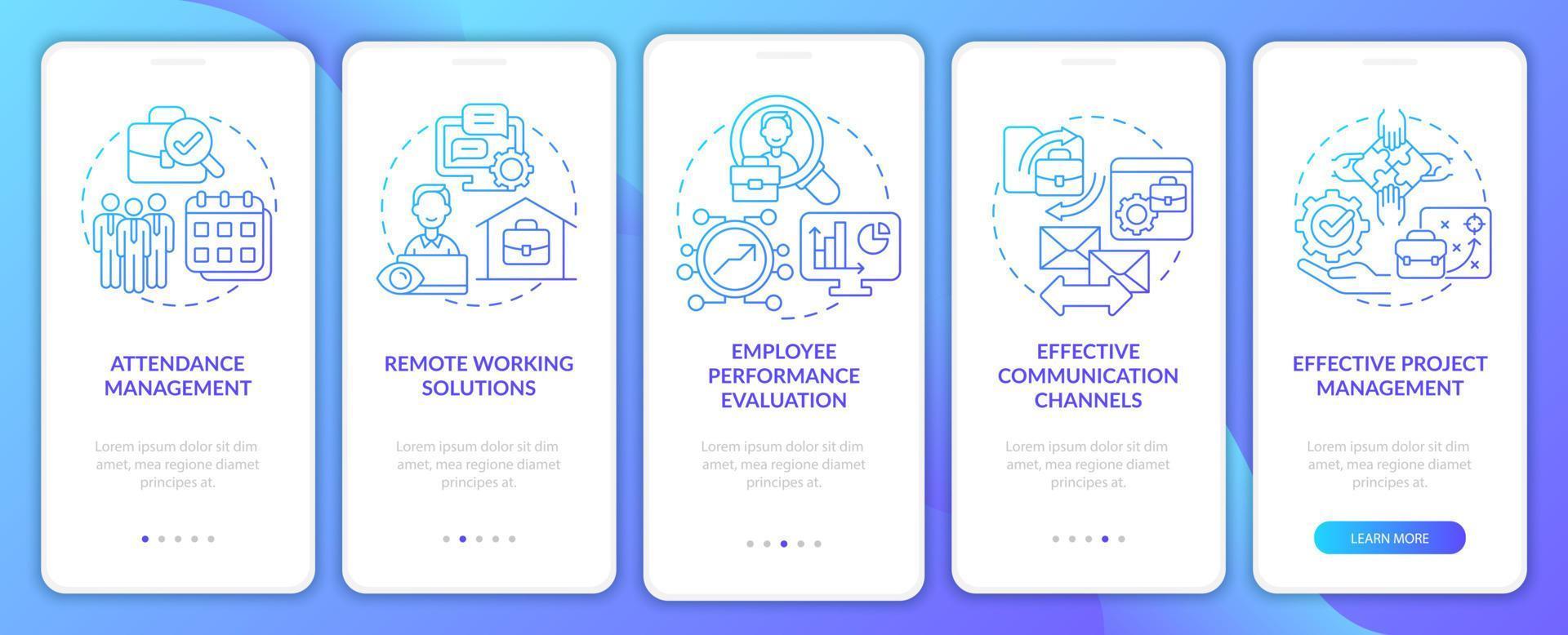 Monitoreo de empleados profesionales que incorporan la pantalla de la página de la aplicación móvil. tutorial de seguimiento de trabajo instrucciones gráficas de 5 pasos con conceptos. ui, ux, plantilla vectorial gui con ilustraciones en color lineal vector