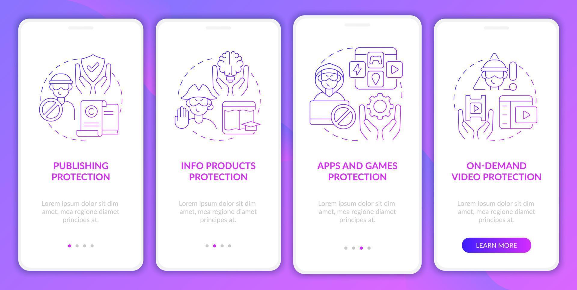Authors rights protection onboarding mobile app page screen. On-demand video walkthrough 4 steps graphic instructions with concepts. UI, UX, GUI vector template with linear color illustrations