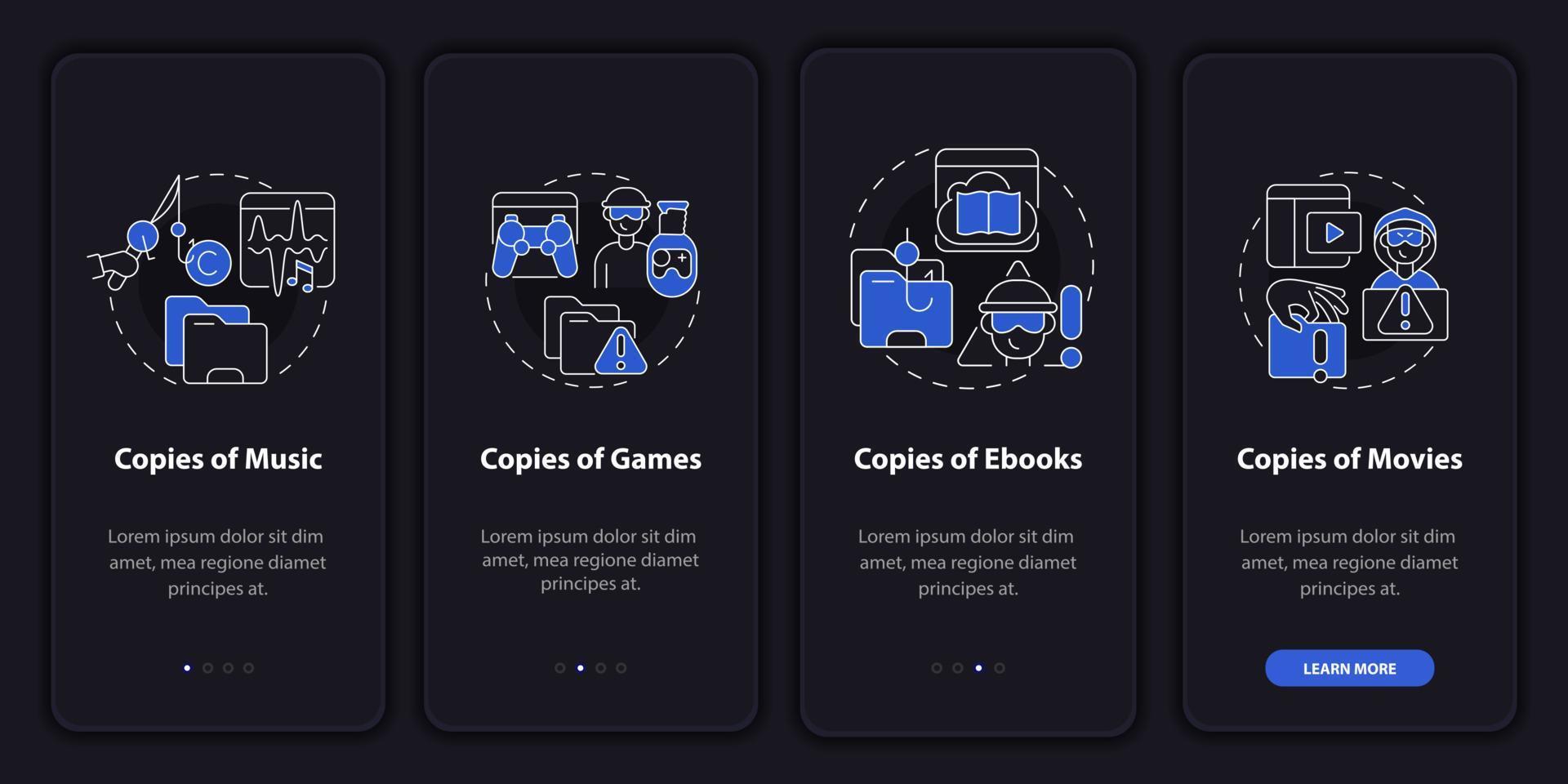 Copyright infringement onboarding mobile app page screen. Copies of video games walkthrough 4 steps graphic instructions with concepts. UI, UX, GUI vector template with linear night mode illustrations