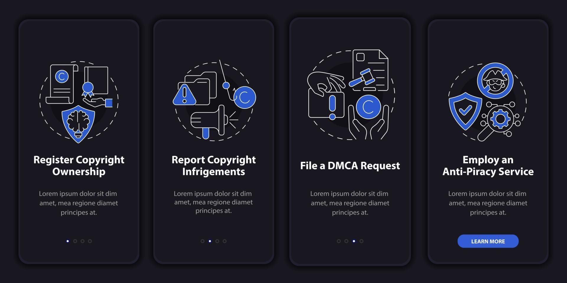 Protection from piracy onboarding mobile app page screen. File DMCA request walkthrough 4 steps graphic instructions with concepts. UI, UX, GUI vector template with linear night mode illustrations