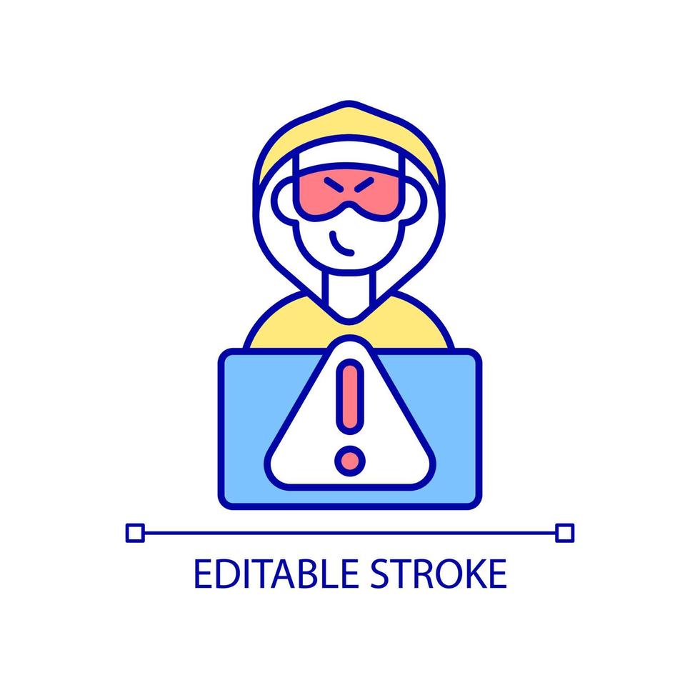 Computer hacking RGB color icon. Cyber attacks dangers. Mitigate hacking risks. Devices protection against hackers. Isolated vector illustration. Simple filled line drawing. Editable stroke