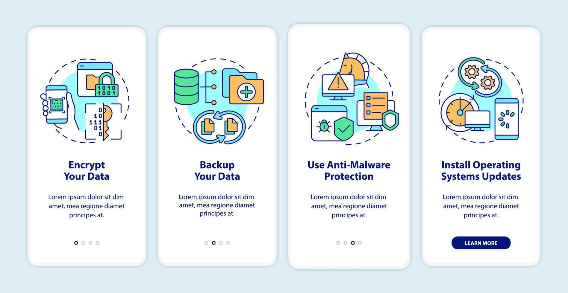 Web searching safety tips onboarding mobile app page screen. Data protection walkthrough four steps graphic instructions with concepts. UI, UX, GUI vector template with linear color illustrations