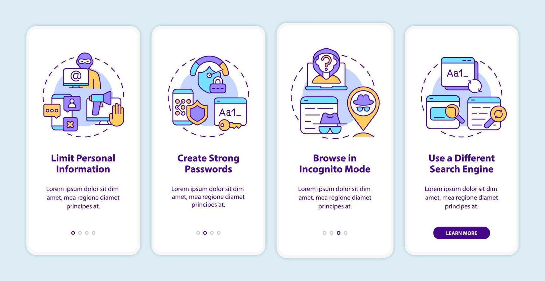 Internet search safety tips onboarding mobile app page screen. Data protection walkthrough eight four graphic instructions with concepts. UI, UX, GUI vector template with linear color illustrations