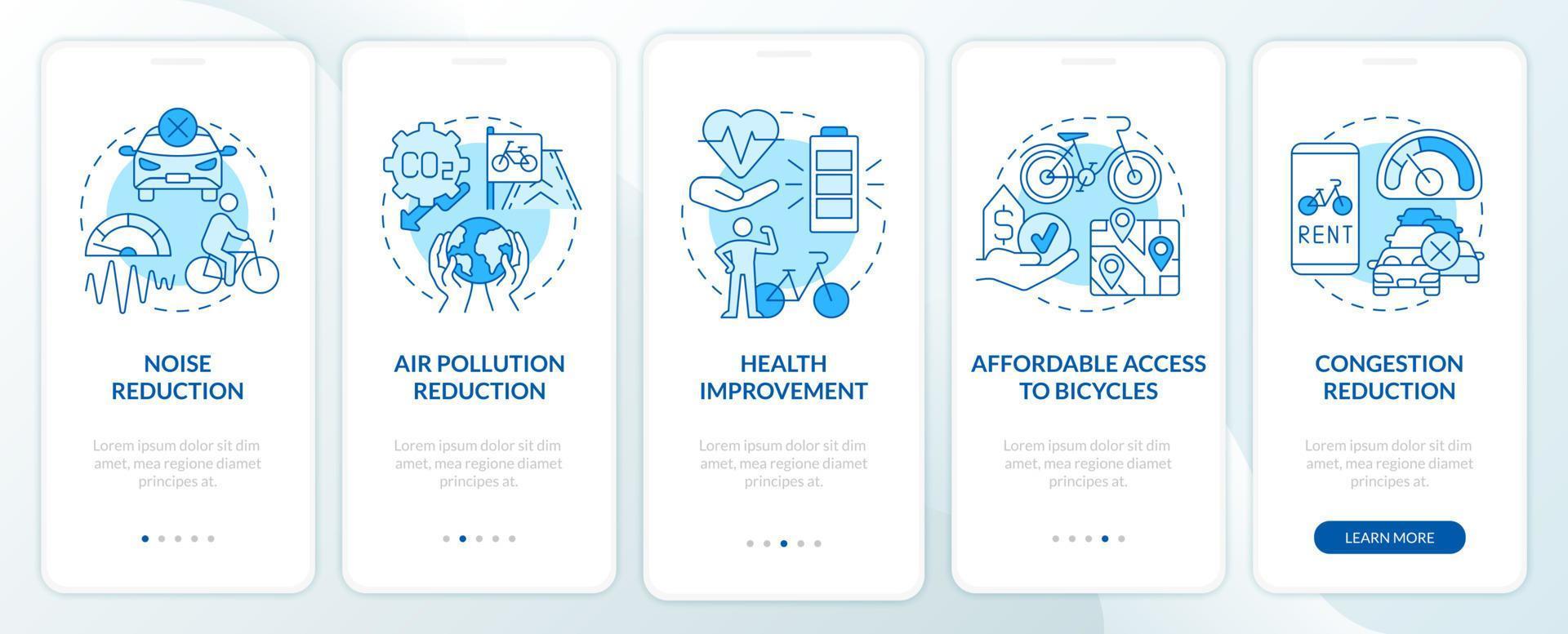 Bicycle share scheme goals onboarding mobile app page screen. Reduce air pollution walkthrough 5 steps graphic instructions with concepts. UI, UX, GUI vector template with linear color illustrations