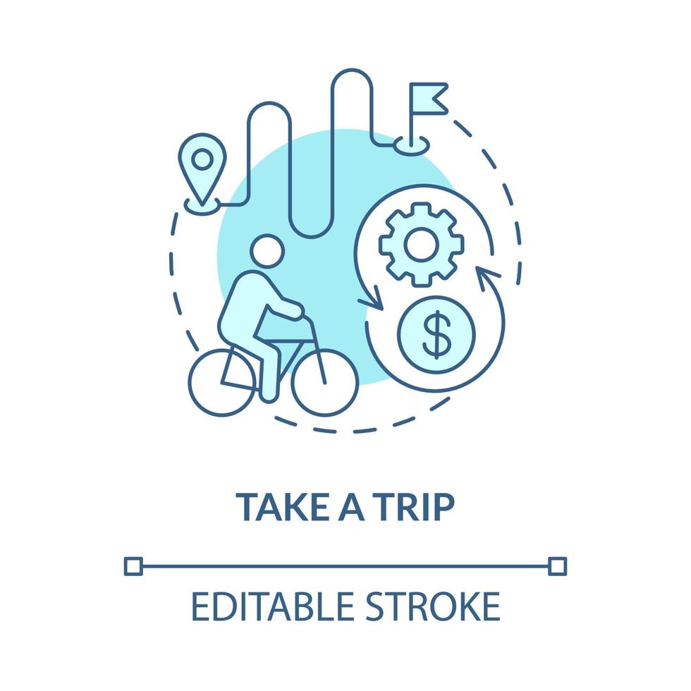 Take trip blue concept icon. Bicycle sharing usage abstract idea thin line illustration. E-bike tour. Self-service bike station. Vector isolated outline color drawing. Editable stroke