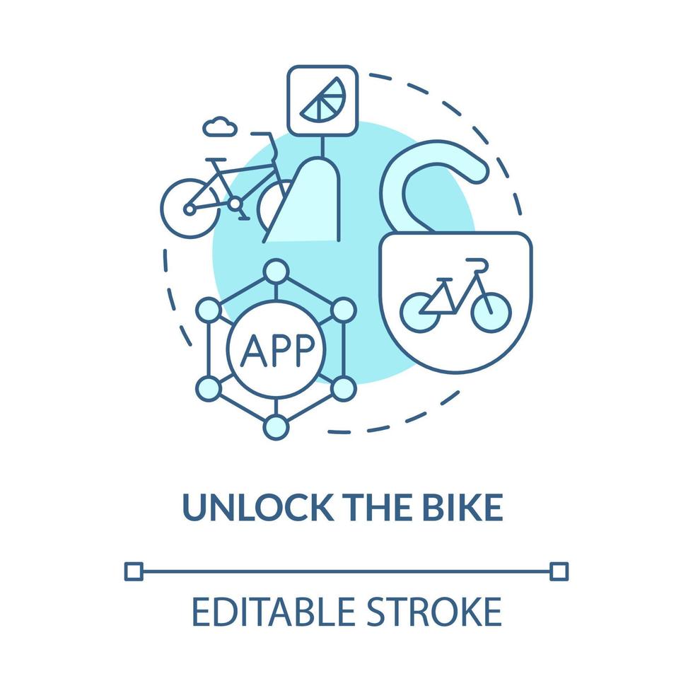 desbloquee el icono del concepto azul de la bicicleta. uso compartido de bicicletas idea abstracta ilustración de línea delgada. sistema de alquiler usando el teléfono inteligente para desbloquear. dibujo de color de contorno aislado vectorial. trazo editable vector