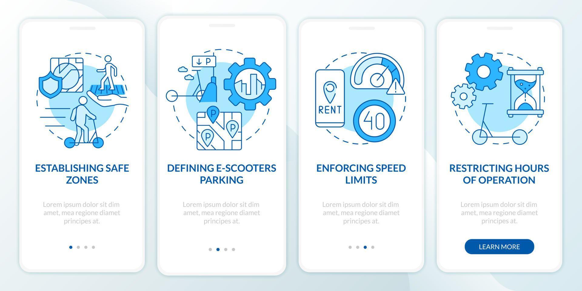 regulaciones de uso compartido de bicicletas que incorporan la pantalla de la página de la aplicación móvil. establecimiento de áreas seguras tutorial 4 pasos instrucciones gráficas con conceptos. ui, ux, plantilla vectorial gui con ilustraciones en color lineal vector