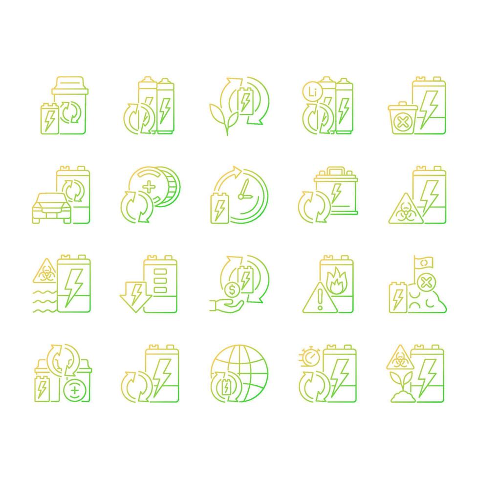 Battery recycling gradient linear vector icons set. Discharged accumulator reuse. Electronic waste recovery. Thin line contour symbols bundle. Isolated outline illustrations collection