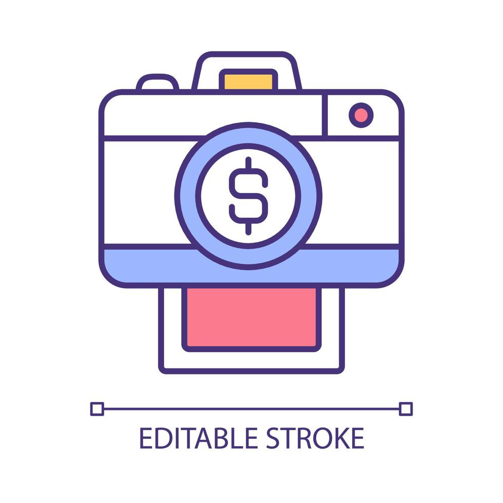 Making money with photography RGB color icon. Photographer career. Selling photos. Profitable profession. Earning extra cash. Isolated vector illustration. Simple filled line drawing. Editable stroke