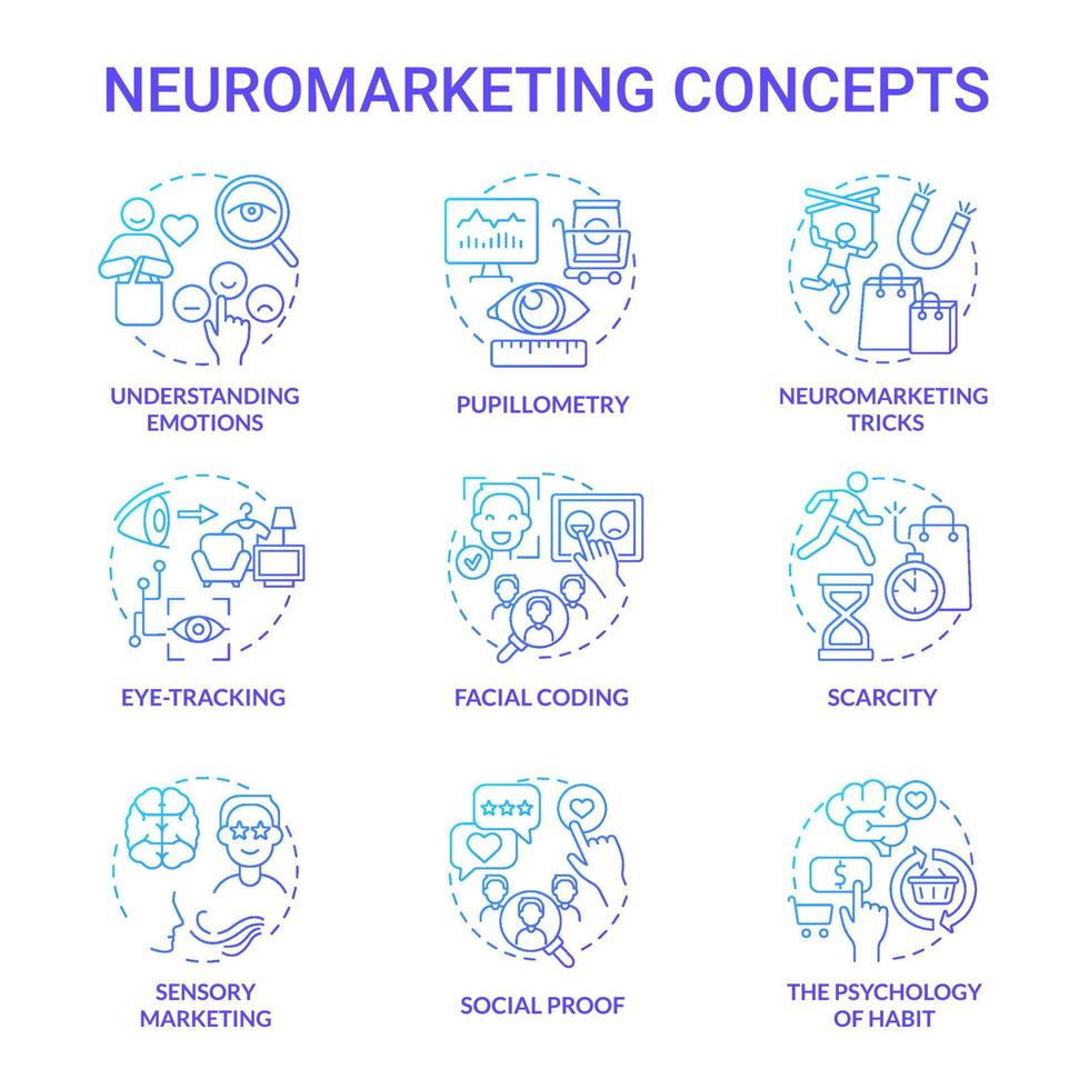 conjunto de iconos de concepto de neurociencia comercial. herramientas psicológicas de marketing. investigación de las emociones del consumidor. comportamiento del cliente idea de seguimiento ilustraciones en color de línea delgada. dibujos de contorno aislados vectoriales vector