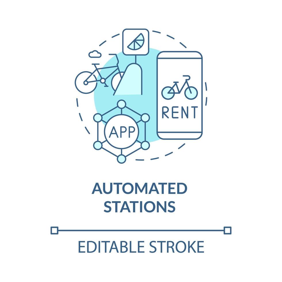 Automated stations blue concept icon. Bicycle sharing category abstract idea thin line illustration. Using smartphone app. Third generation. Vector isolated outline color drawing. Editable stroke