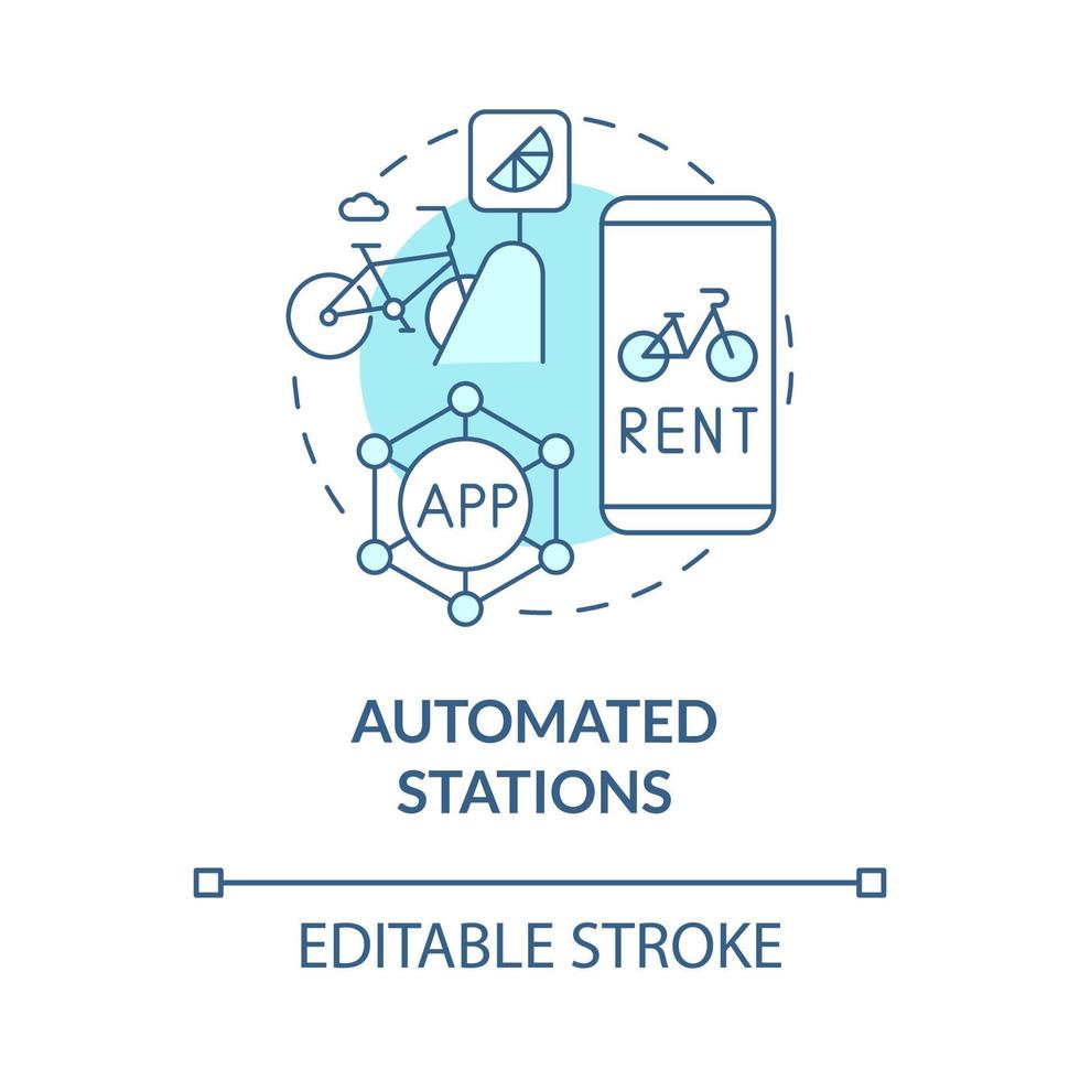 icono de concepto azul de estaciones automatizadas. bicicleta compartir categoría idea abstracta ilustración de línea delgada. utilizando la aplicación de teléfono inteligente. tercera generación. dibujo de color de contorno aislado vectorial. trazo editable vector