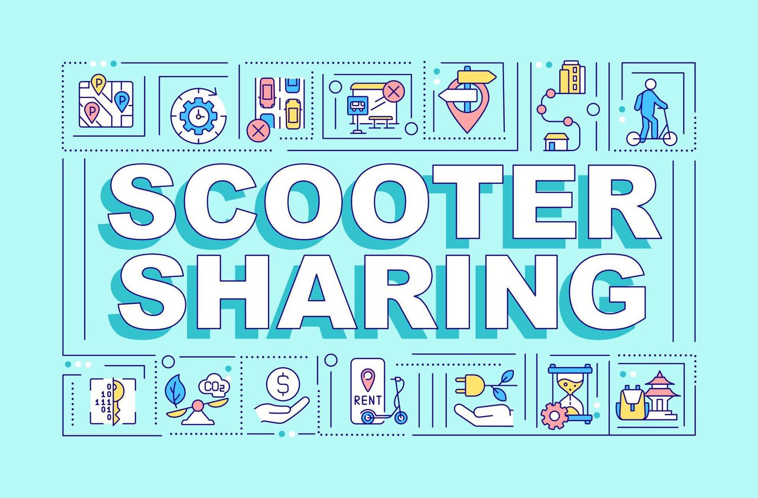 Scooter sharing word concepts banner. Micromobility option. Infographics with linear icons on turquoise background. Isolated creative typography. Vector outline color illustration with text