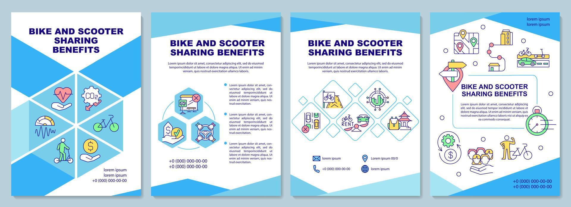 Bike and scooter sharing benefits brochure template. Eco transport. Flyer, booklet, leaflet print, cover design with linear icons. Vector layouts for presentation, annual reports, advertisement pages