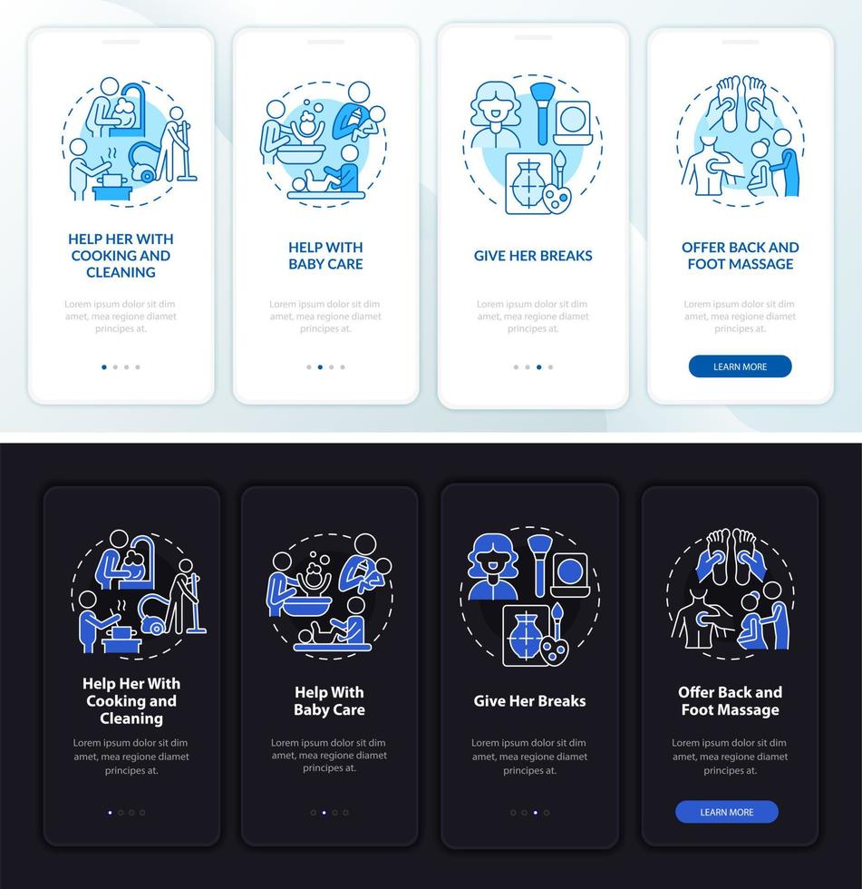 pantalla de la página de la aplicación móvil de incorporación de apoyo familiar. ayuda con el tutorial de cuidado del bebé 4 pasos instrucciones gráficas con conceptos. ui, ux, plantilla vectorial gui con ilustraciones lineales en modo día y noche vector