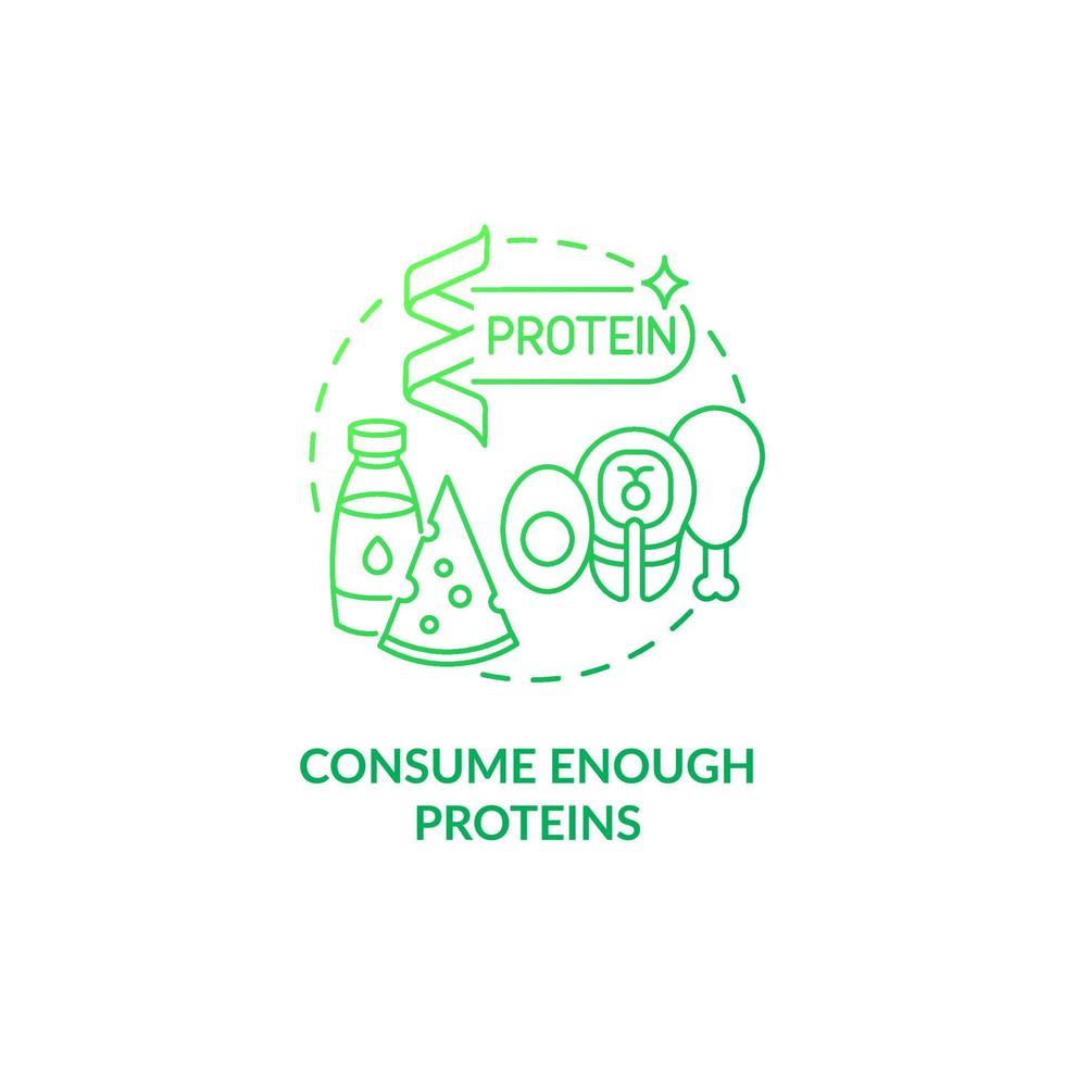 Consume enough proteins green gradient concept icon. Pregnancy diet abstract idea thin line illustration. Inadequate protein intake prevention. Dairy products. Vector isolated outline color drawing