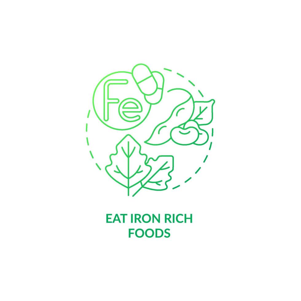 Eat iron rich foods green gradient concept icon. Pregnancy diet abstract idea thin line illustration. Raising iron levels in blood. Anemia symptoms prevention. Vector isolated outline color drawing