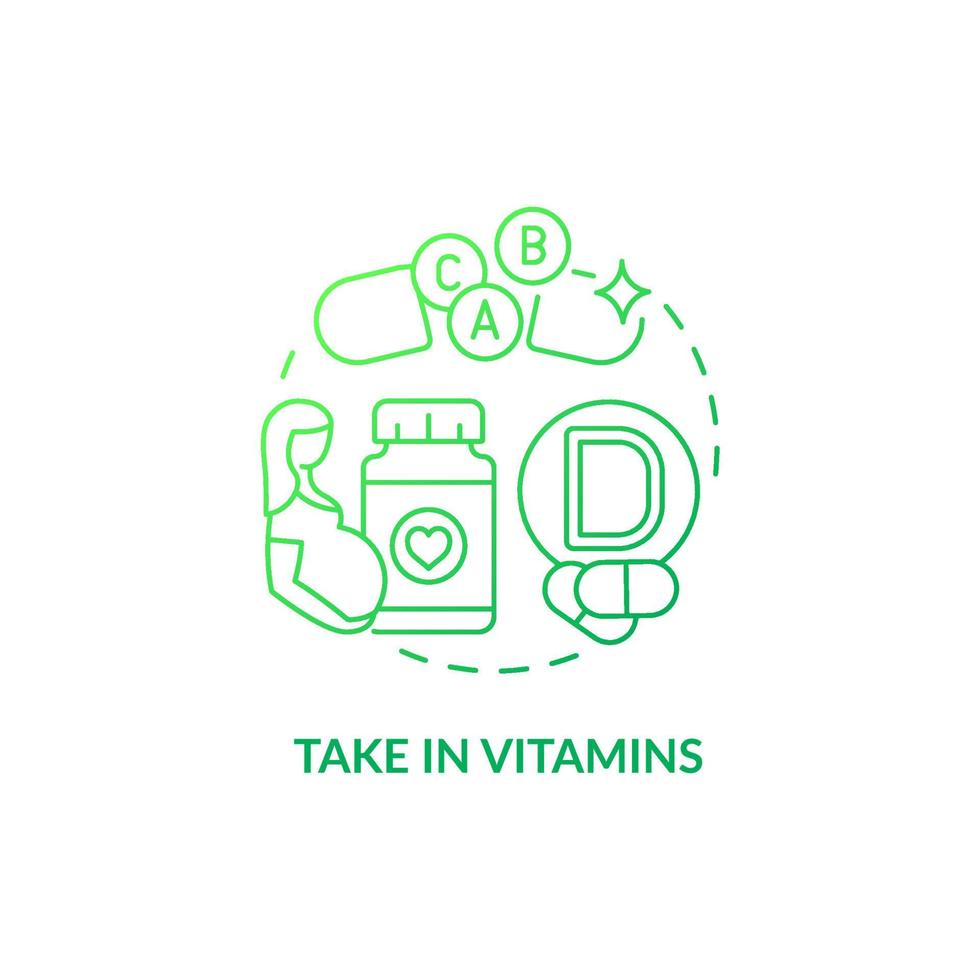 Take in vitamins green gradient concept icon. Pregnancy diet abstract idea thin line illustration. Support fetus development. Major birth defects prevention. Vector isolated outline color drawing