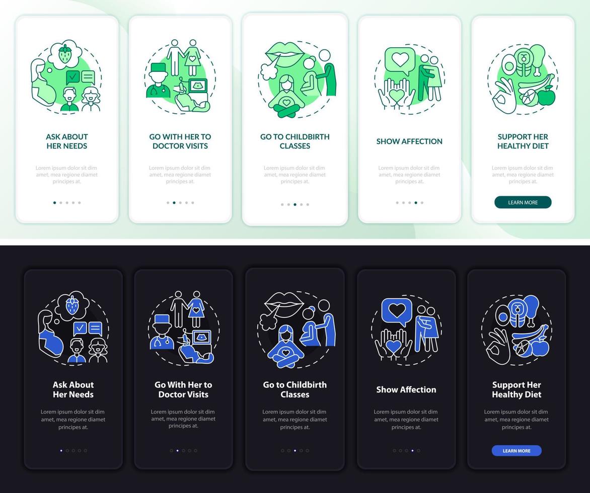 Supportive partner onboarding mobile app page screen. Show affection walkthrough 5 steps graphic instructions with concepts. UI, UX, GUI vector template with linear night and day mode illustrations