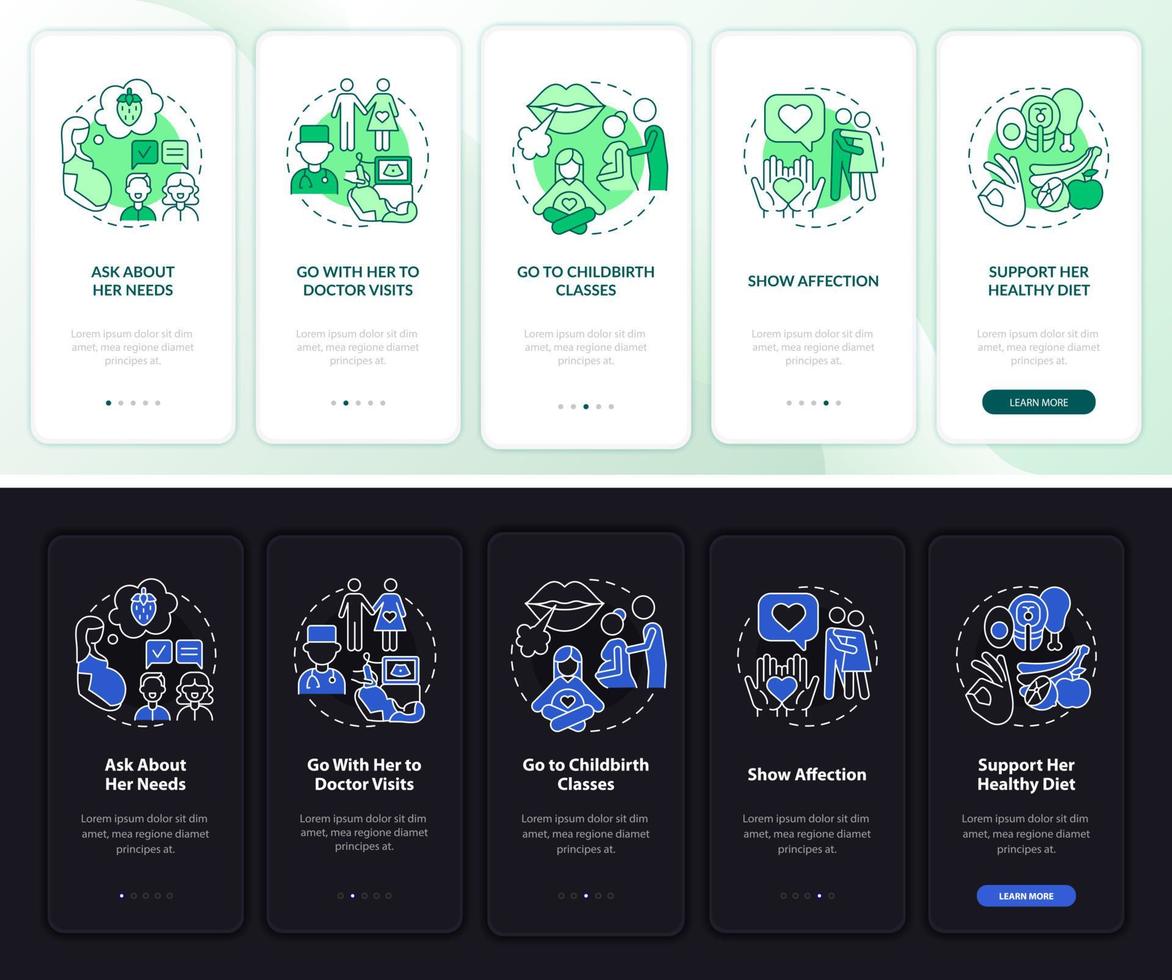 pantalla de la página de la aplicación móvil de incorporación de socios de apoyo. mostrar afecto tutorial 5 pasos instrucciones gráficas con conceptos. ui, ux, plantilla vectorial gui con ilustraciones lineales en modo día y noche vector