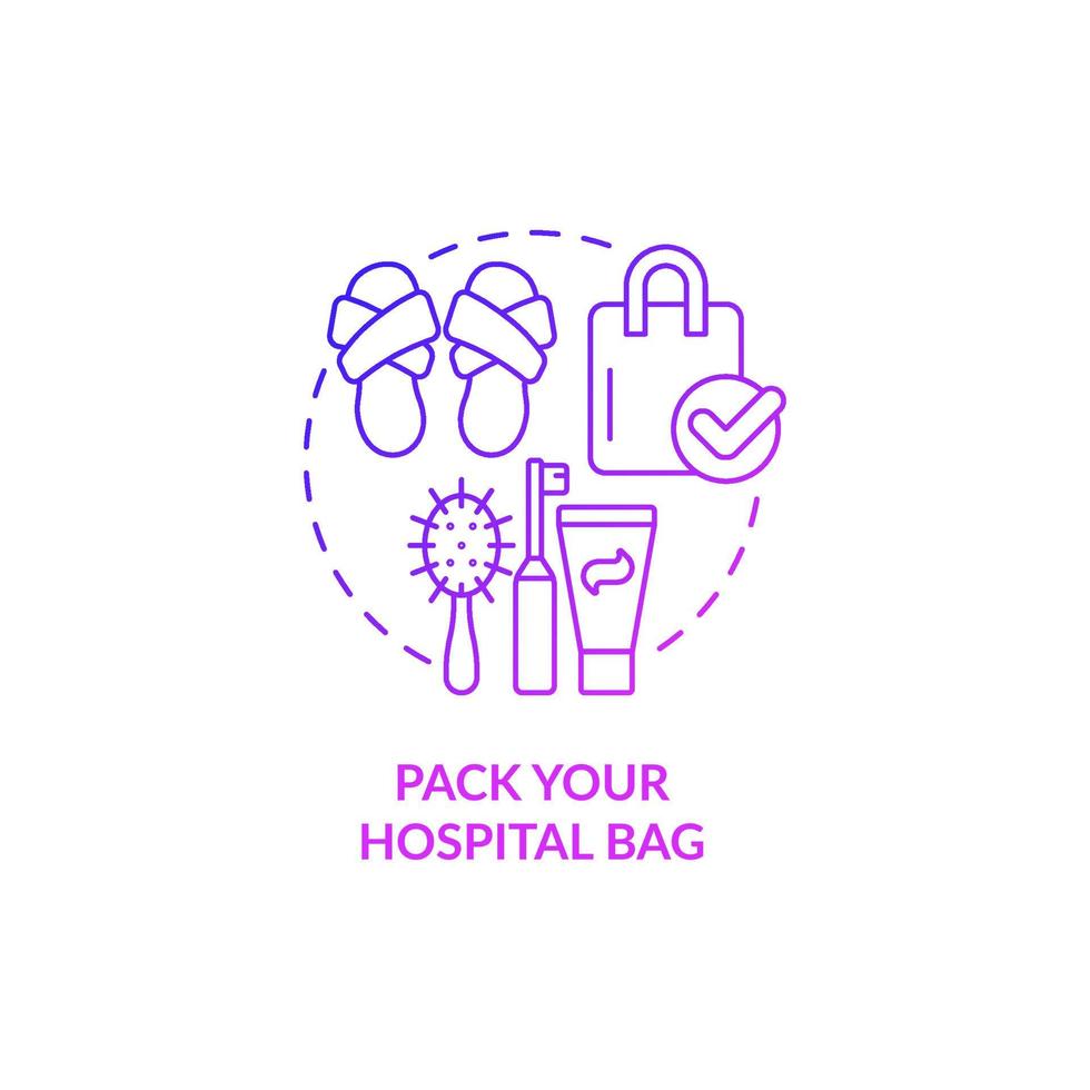 Pack hospital bag purple gradient concept icon. Preparing for baby abstract idea thin line illustration. Packing items for labour and birth. Gathering essentials. Vector isolated outline color drawing