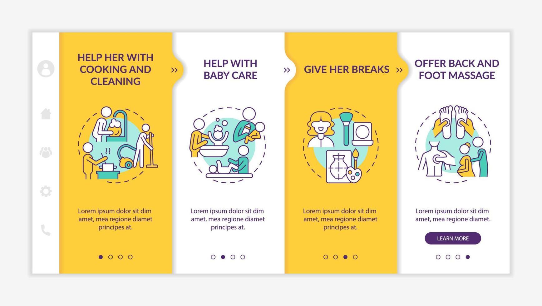 Family support during pregnancy onboarding vector template. Responsive mobile website with icons. Web page walkthrough 4 step screens. Help her with cooking color concept with linear illustrations