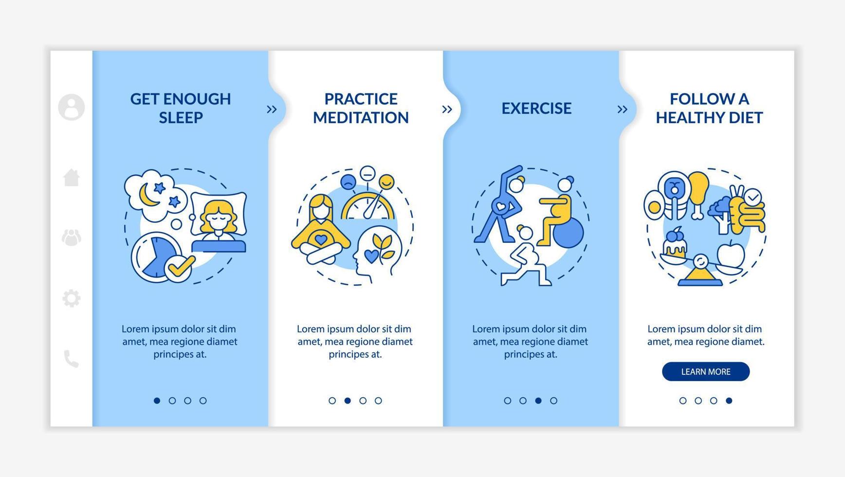 Improving mental health during pregnancy onboarding vector template. Responsive mobile website with icons. Web page walkthrough 4 step screens. Follow diet color concept with linear illustrations