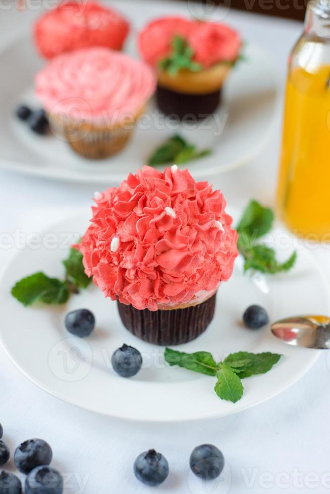 Delicious cupcake on a white plate on a white background. photo