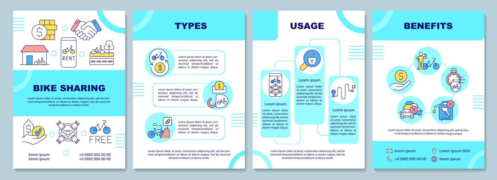 Bike sharing brochure template. Categorization and usage. Flyer, booklet, leaflet print, cover design with linear icons. Vector layouts for presentation, annual reports, advertisement pages