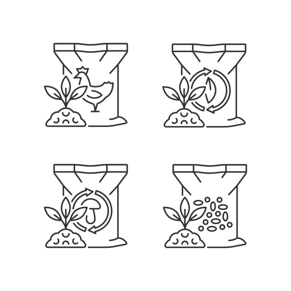 Byproduct fertilizers linear icons set. Organic supplements for soil. Natural powder additives. Customizable thin line contour symbols. Isolated vector outline illustrations. Editable stroke